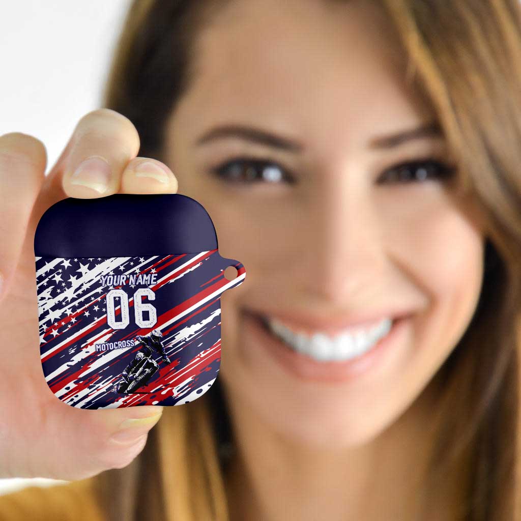 Personalized Patriotic Motocross AirPods Case with USA Flag Colors – Dirt Bike Racing Design - Wonder Print Shop