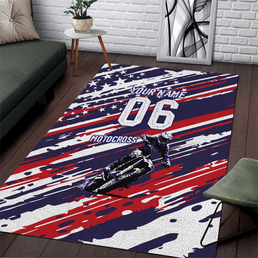 Personalized Patriotic Motocross Area Rug with USA Flag Colors – Dirt Bike Racing Design - Wonder Print Shop