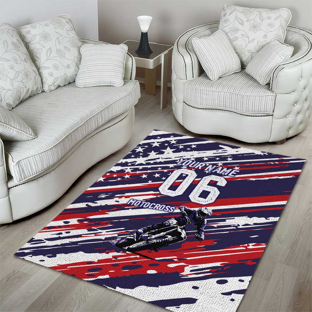 Personalized Patriotic Motocross Area Rug with USA Flag Colors – Dirt Bike Racing Design - Wonder Print Shop
