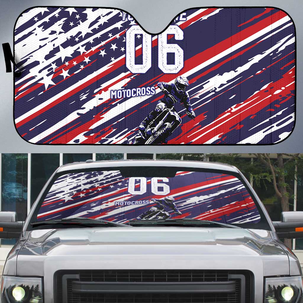 Personalized Patriotic Motocross Auto Sun Shade with USA Flag Colors – Dirt Bike Racing Design - Wonder Print Shop