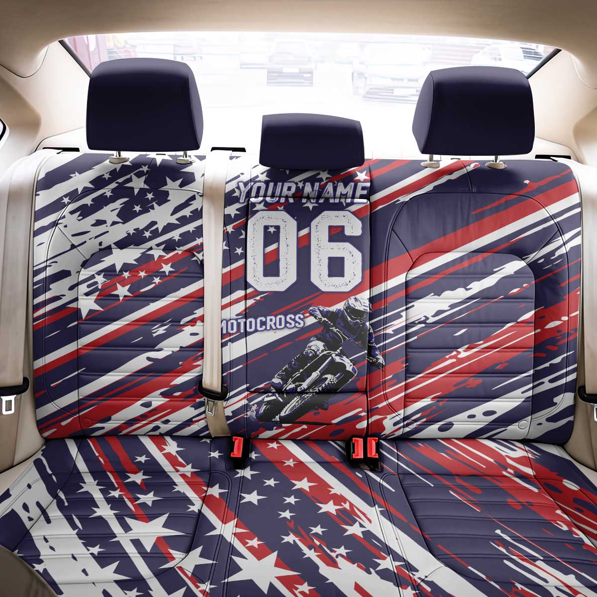 Personalized Patriotic Motocross Back Car Seat Cover with USA Flag Colors – Dirt Bike Racing Design - Wonder Print Shop