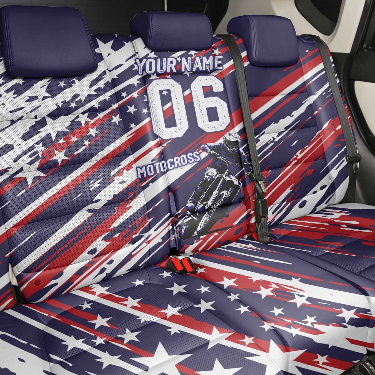 Personalized Patriotic Motocross Back Car Seat Cover with USA Flag Colors – Dirt Bike Racing Design - Wonder Print Shop