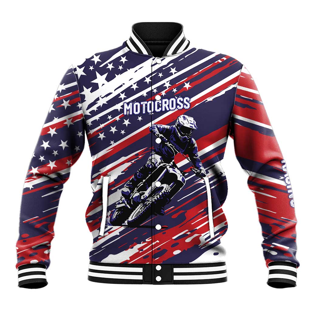 Personalized Patriotic Motocross Baseball Jacket with USA Flag Colors – Dirt Bike Racing Design - Wonder Print Shop