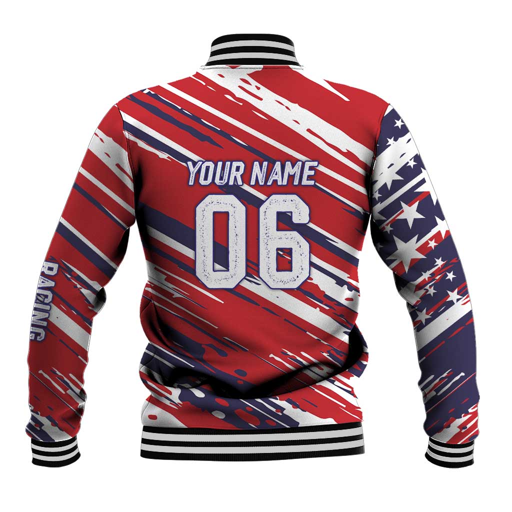 Personalized Patriotic Motocross Baseball Jacket with USA Flag Colors – Dirt Bike Racing Design - Wonder Print Shop