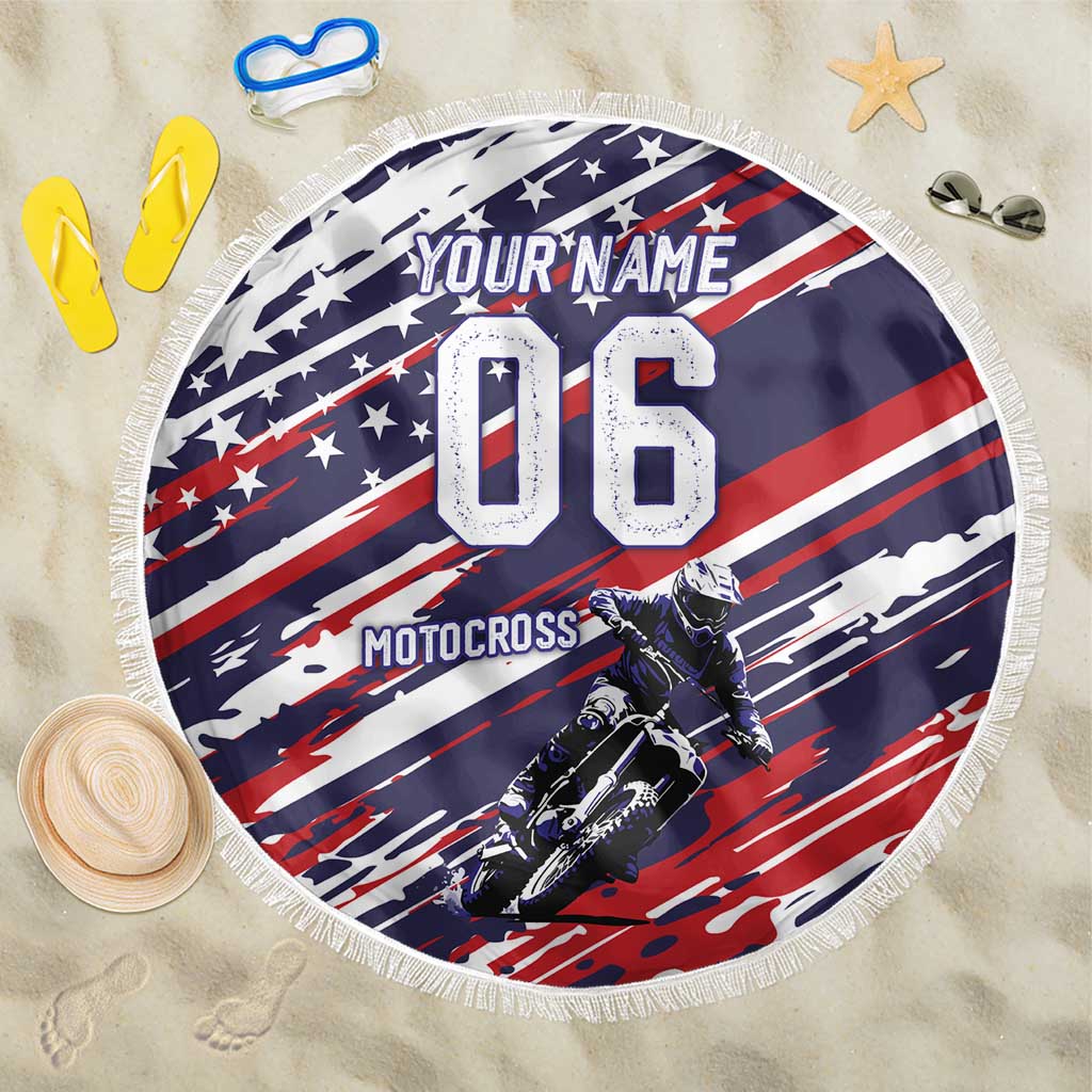 Personalized Patriotic Motocross Beach Blanket with USA Flag Colors – Dirt Bike Racing Design - Wonder Print Shop