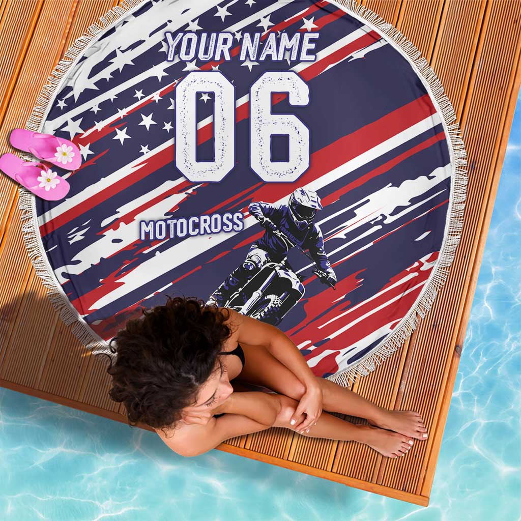 Personalized Patriotic Motocross Beach Blanket with USA Flag Colors – Dirt Bike Racing Design - Wonder Print Shop