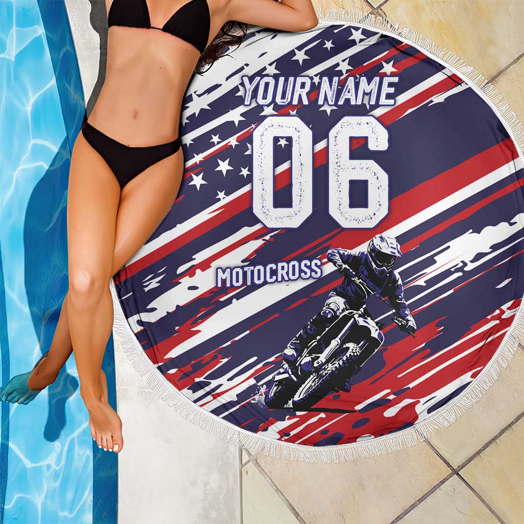 Personalized Patriotic Motocross Beach Blanket with USA Flag Colors – Dirt Bike Racing Design - Wonder Print Shop