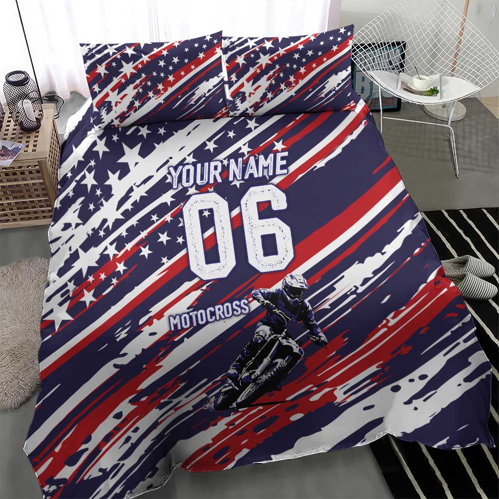 Personalized Patriotic Motocross Bedding Set with USA Flag Colors – Dirt Bike Racing Design - Wonder Print Shop