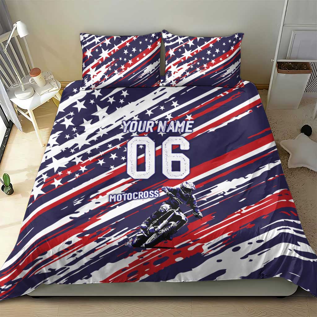 Personalized Patriotic Motocross Bedding Set with USA Flag Colors – Dirt Bike Racing Design - Wonder Print Shop
