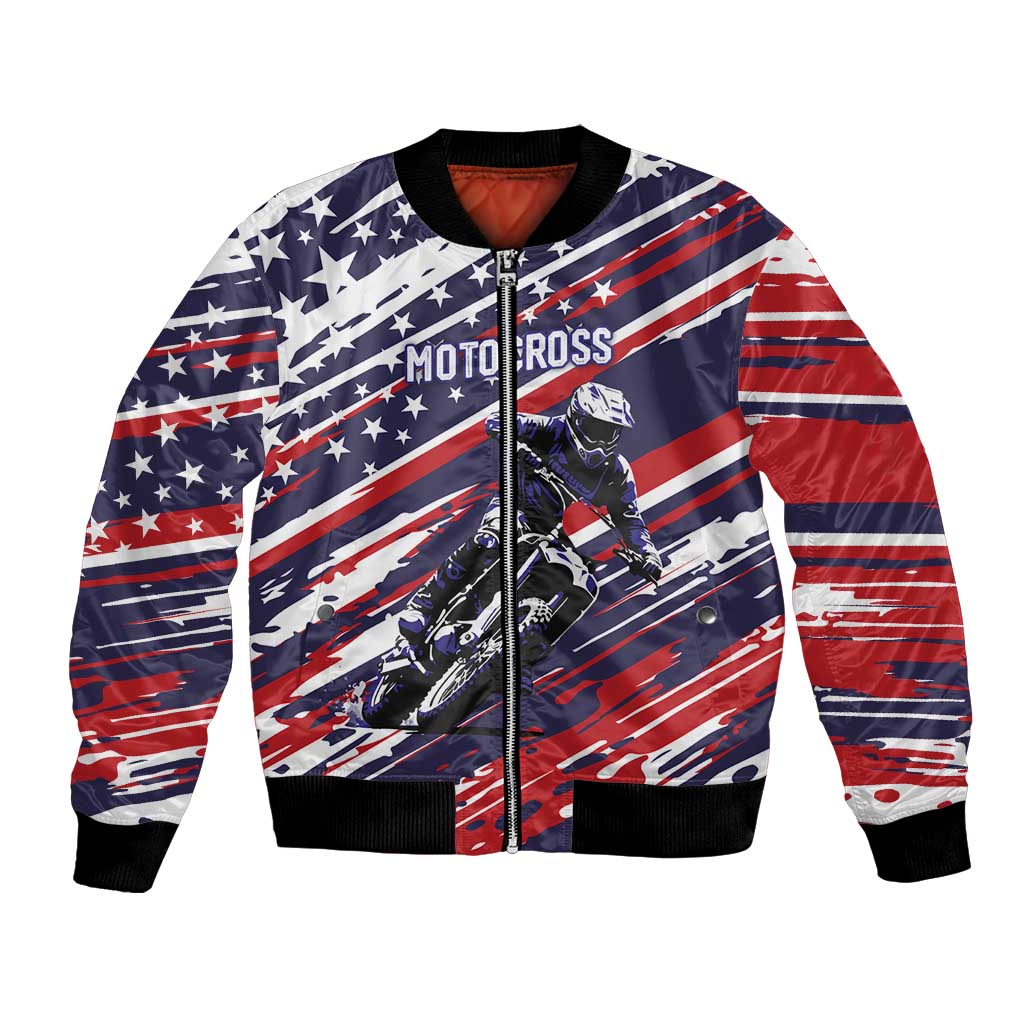 Personalized Patriotic Motocross Bomber Jacket with USA Flag Colors – Dirt Bike Racing Design - Wonder Print Shop