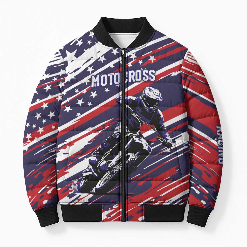 Personalized Patriotic Motocross Bomber Puffer Jacket with USA Flag Colors – Dirt Bike Racing Design - Wonder Print Shop