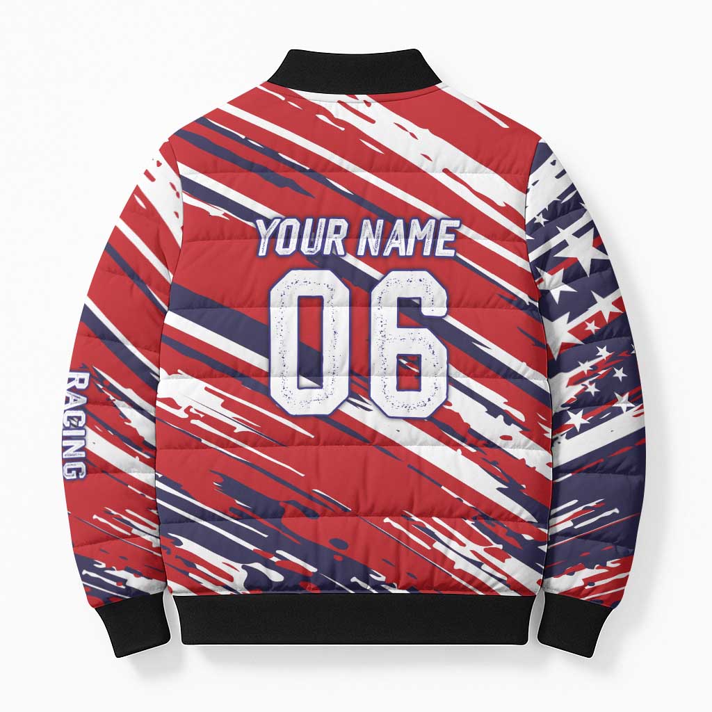 Personalized Patriotic Motocross Bomber Puffer Jacket with USA Flag Colors – Dirt Bike Racing Design - Wonder Print Shop