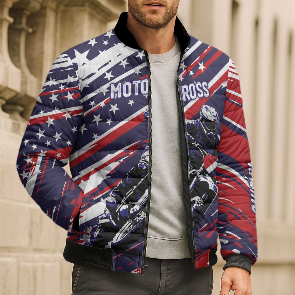 Personalized Patriotic Motocross Bomber Puffer Jacket with USA Flag Colors – Dirt Bike Racing Design - Wonder Print Shop