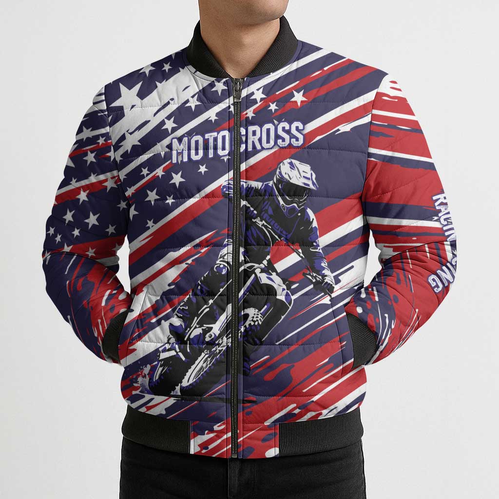 Personalized Patriotic Motocross Bomber Puffer Jacket with USA Flag Colors – Dirt Bike Racing Design - Wonder Print Shop