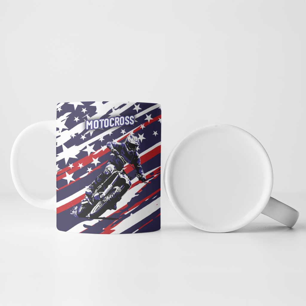 Personalized Patriotic Motocross Ceramic Mug with USA Flag Colors – Dirt Bike Racing Design - Wonder Print Shop
