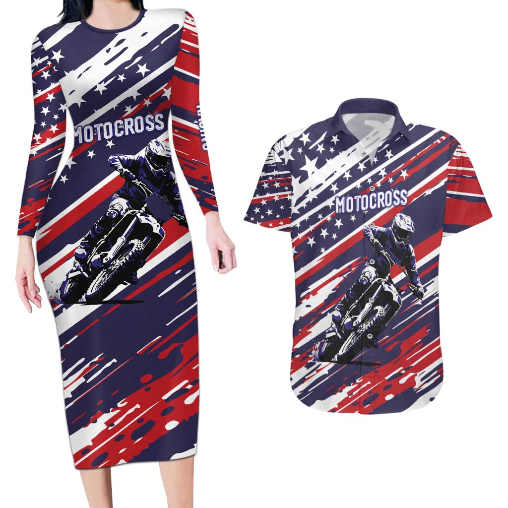 Personalized Patriotic Motocross Couples Matching Long Sleeve Bodycon Dress and Hawaiian Shirt with USA Flag Colors – Dirt Bike Racing Design - Wonder Print Shop