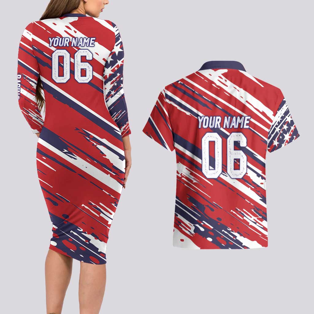 Personalized Patriotic Motocross Couples Matching Long Sleeve Bodycon Dress and Hawaiian Shirt with USA Flag Colors – Dirt Bike Racing Design - Wonder Print Shop