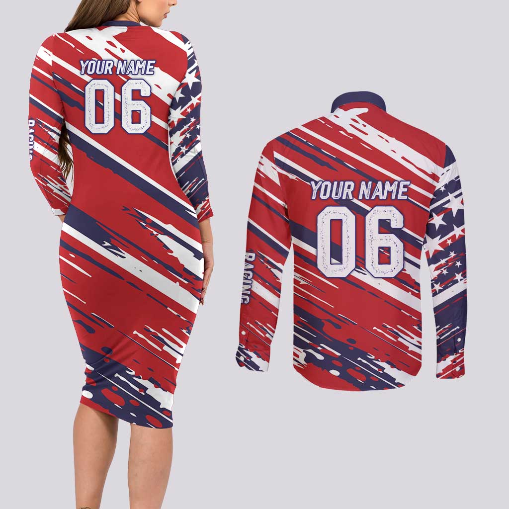 Personalized Patriotic Motocross Couples Matching Long Sleeve Bodycon Dress and Long Sleeve Button Shirt with USA Flag Colors – Dirt Bike Racing Design - Wonder Print Shop