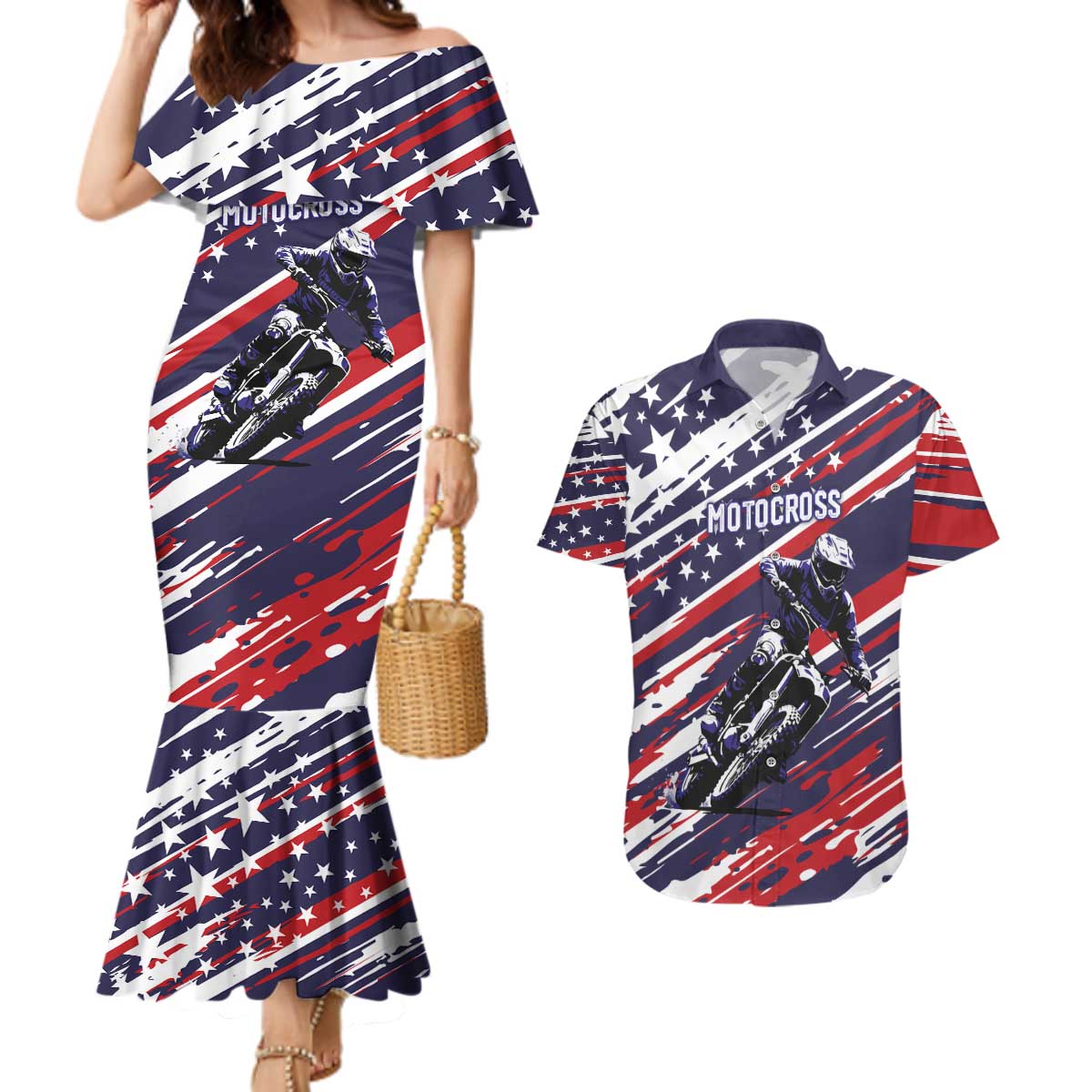 Personalized Patriotic Motocross Couples Matching Mermaid Dress and Hawaiian Shirt with USA Flag Colors – Dirt Bike Racing Design - Wonder Print Shop