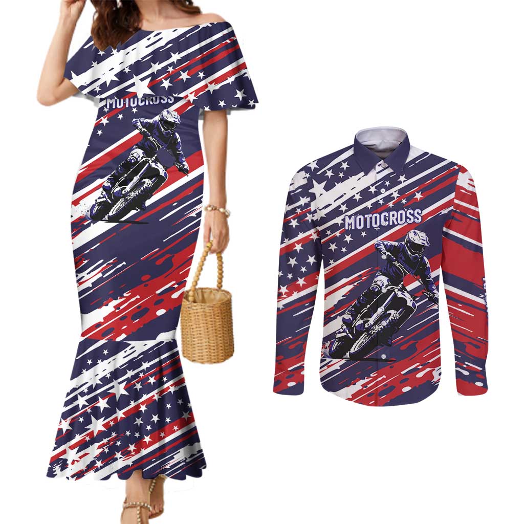 Personalized Patriotic Motocross Couples Matching Mermaid Dress and Long Sleeve Button Shirt with USA Flag Colors – Dirt Bike Racing Design - Wonder Print Shop