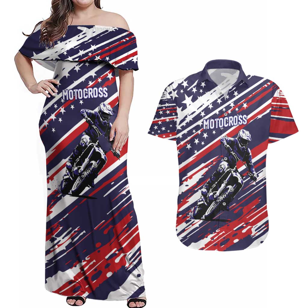Personalized Patriotic Motocross Couples Matching Off Shoulder Maxi Dress and Hawaiian Shirt with USA Flag Colors – Dirt Bike Racing Design - Wonder Print Shop