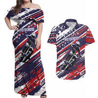 Personalized Patriotic Motocross Couples Matching Off Shoulder Maxi Dress and Hawaiian Shirt with USA Flag Colors – Dirt Bike Racing Design - Wonder Print Shop