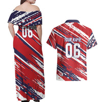Personalized Patriotic Motocross Couples Matching Off Shoulder Maxi Dress and Hawaiian Shirt with USA Flag Colors – Dirt Bike Racing Design - Wonder Print Shop