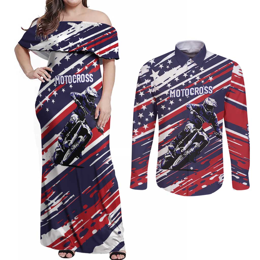 Personalized Patriotic Motocross Couples Matching Off Shoulder Maxi Dress and Long Sleeve Button Shirt with USA Flag Colors – Dirt Bike Racing Design - Wonder Print Shop