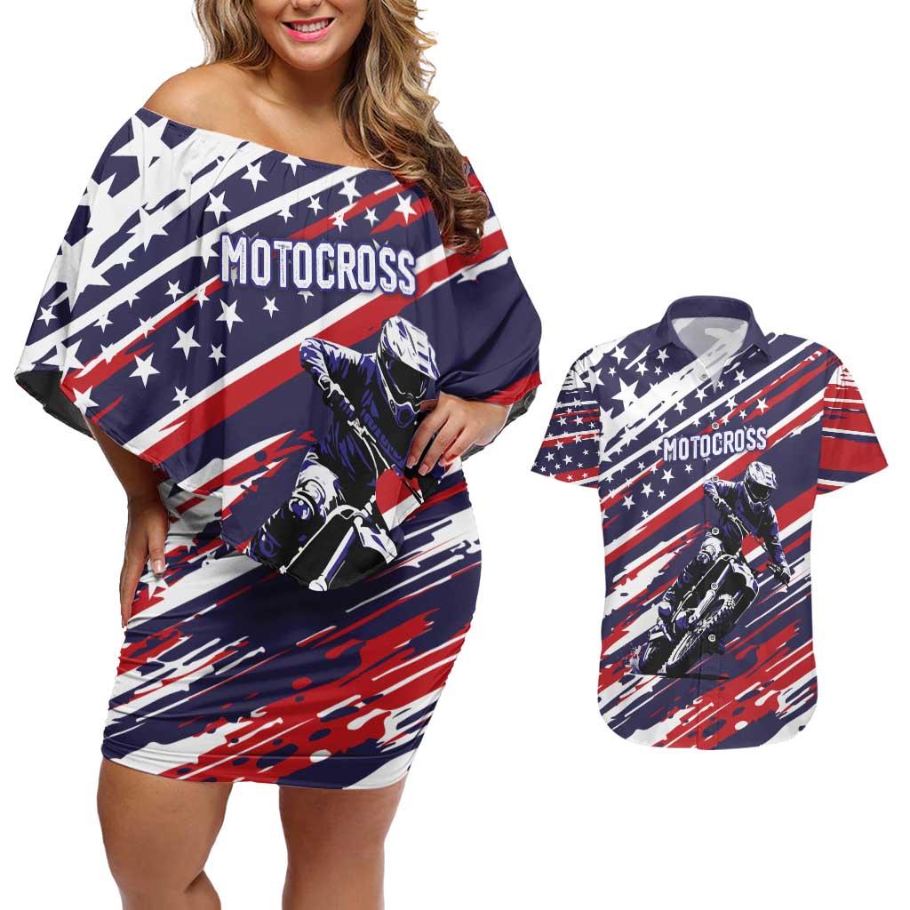 Personalized Patriotic Motocross Couples Matching Off Shoulder Short Dress and Hawaiian Shirt with USA Flag Colors – Dirt Bike Racing Design - Wonder Print Shop