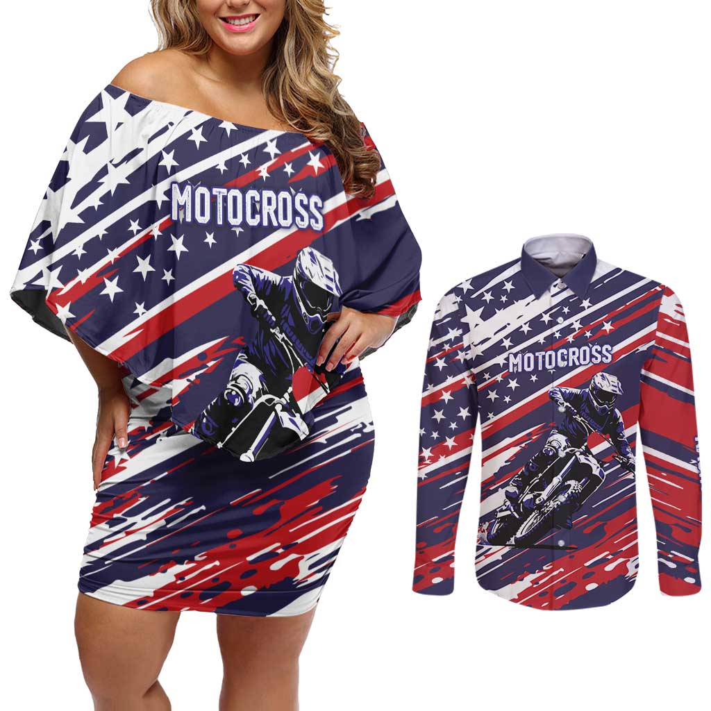 Personalized Patriotic Motocross Couples Matching Off Shoulder Short Dress and Long Sleeve Button Shirt with USA Flag Colors – Dirt Bike Racing Design - Wonder Print Shop