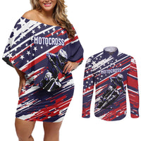 Personalized Patriotic Motocross Couples Matching Off Shoulder Short Dress and Long Sleeve Button Shirt with USA Flag Colors – Dirt Bike Racing Design - Wonder Print Shop