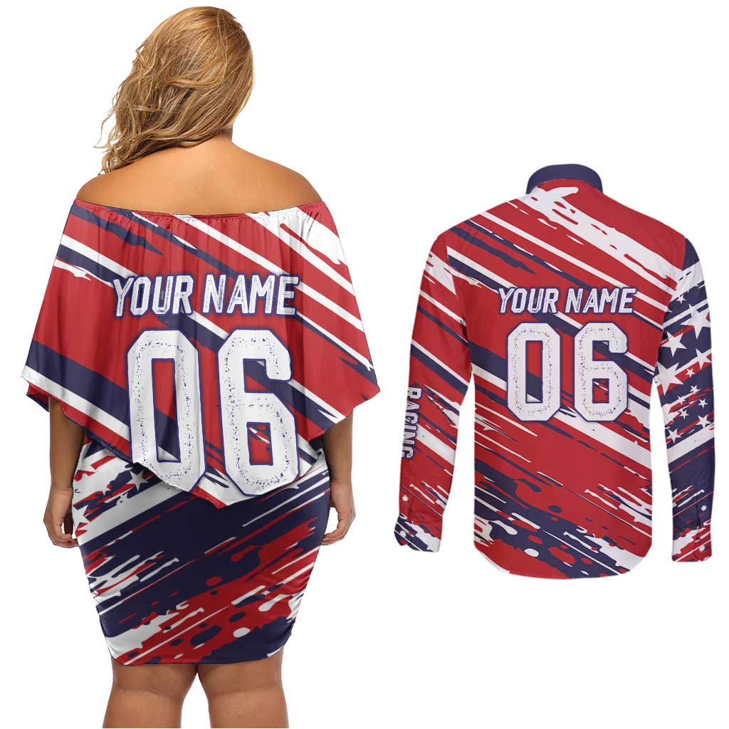 Personalized Patriotic Motocross Couples Matching Off Shoulder Short Dress and Long Sleeve Button Shirt with USA Flag Colors – Dirt Bike Racing Design - Wonder Print Shop