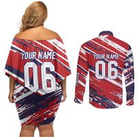 Personalized Patriotic Motocross Couples Matching Off Shoulder Short Dress and Long Sleeve Button Shirt with USA Flag Colors – Dirt Bike Racing Design - Wonder Print Shop