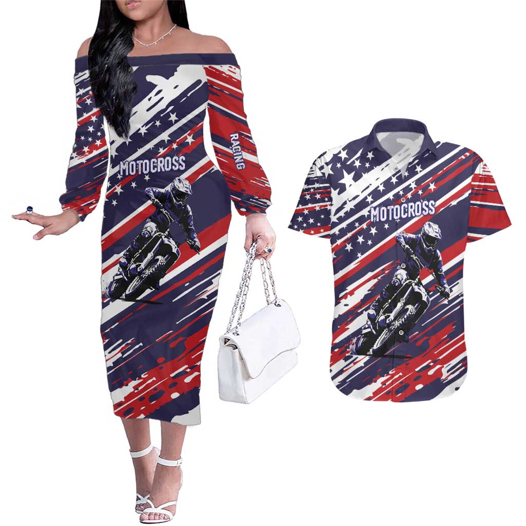 Personalized Patriotic Motocross Couples Matching Off The Shoulder Long Sleeve Dress and Hawaiian Shirt with USA Flag Colors – Dirt Bike Racing Design - Wonder Print Shop
