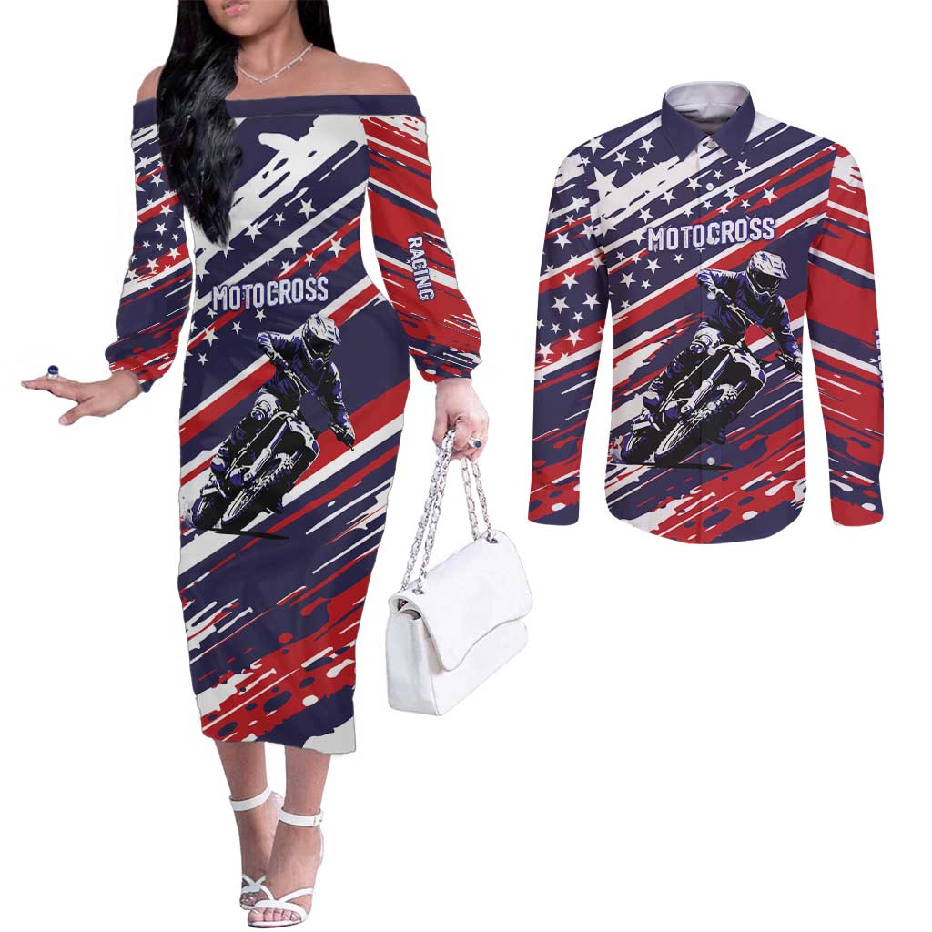 Personalized Patriotic Motocross Couples Matching Off The Shoulder Long Sleeve Dress and Long Sleeve Button Shirt with USA Flag Colors – Dirt Bike Racing Design - Wonder Print Shop