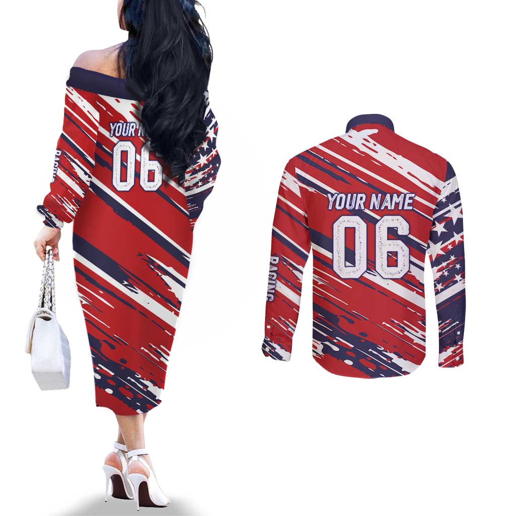 Personalized Patriotic Motocross Couples Matching Off The Shoulder Long Sleeve Dress and Long Sleeve Button Shirt with USA Flag Colors – Dirt Bike Racing Design - Wonder Print Shop