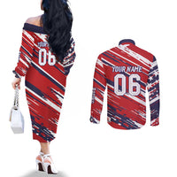 Personalized Patriotic Motocross Couples Matching Off The Shoulder Long Sleeve Dress and Long Sleeve Button Shirt with USA Flag Colors – Dirt Bike Racing Design - Wonder Print Shop