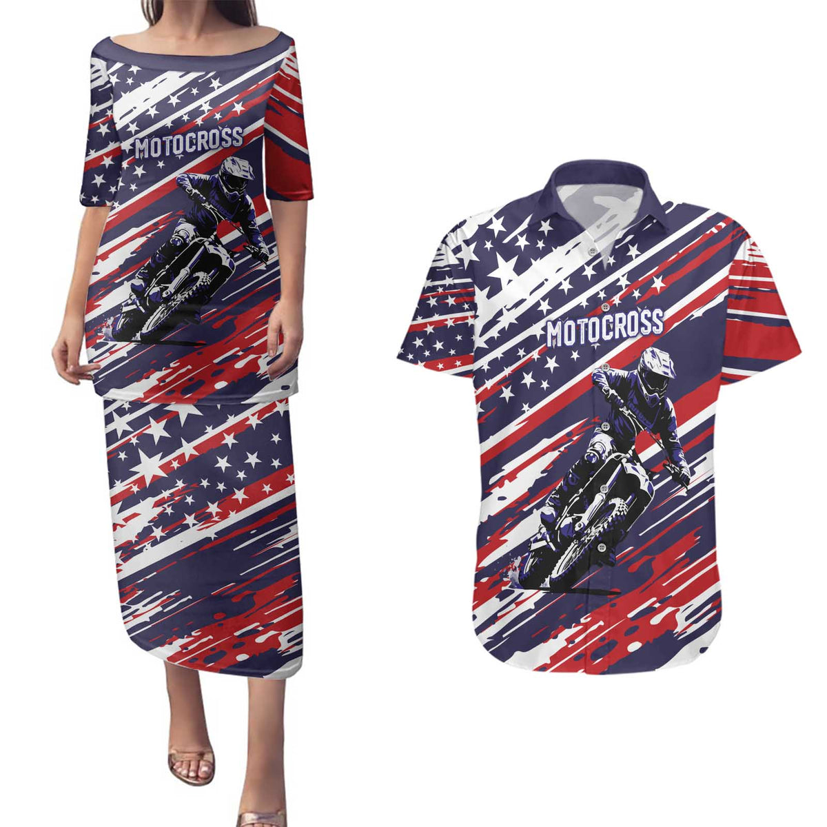 Personalized Patriotic Motocross Couples Matching Puletasi and Hawaiian Shirt with USA Flag Colors – Dirt Bike Racing Design - Wonder Print Shop