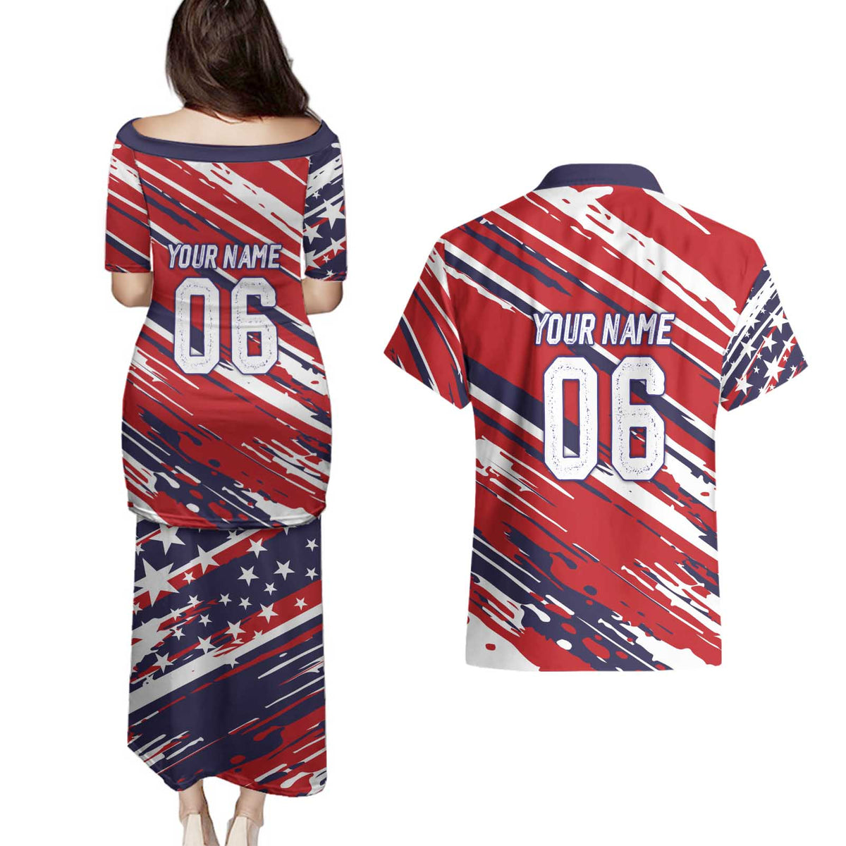 Personalized Patriotic Motocross Couples Matching Puletasi and Hawaiian Shirt with USA Flag Colors – Dirt Bike Racing Design - Wonder Print Shop
