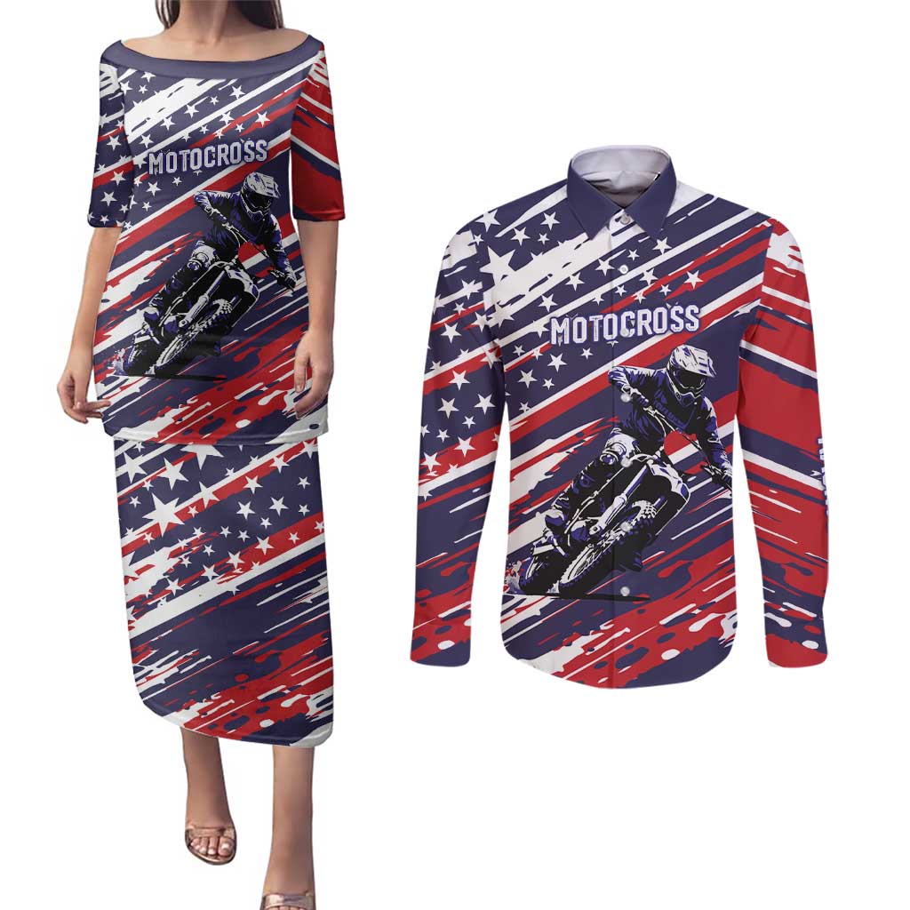 Personalized Patriotic Motocross Couples Matching Puletasi and Long Sleeve Button Shirt with USA Flag Colors – Dirt Bike Racing Design - Wonder Print Shop