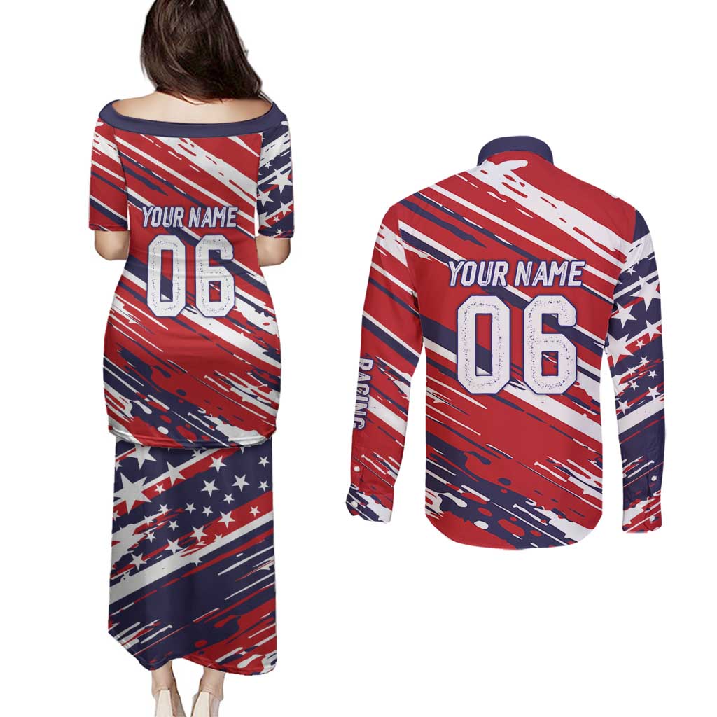 Personalized Patriotic Motocross Couples Matching Puletasi and Long Sleeve Button Shirt with USA Flag Colors – Dirt Bike Racing Design - Wonder Print Shop