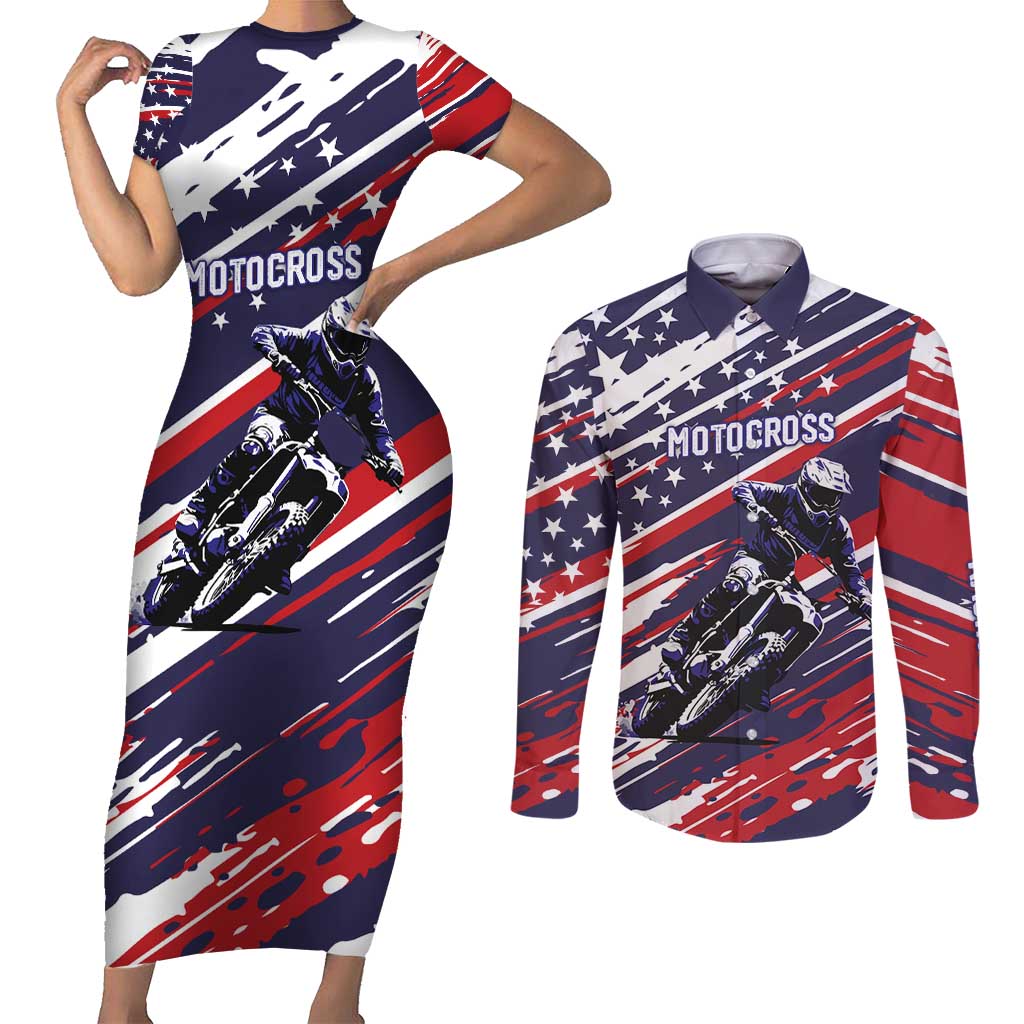 Personalized Patriotic Motocross Couples Matching Short Sleeve Bodycon Dress and Long Sleeve Button Shirt with USA Flag Colors – Dirt Bike Racing Design - Wonder Print Shop