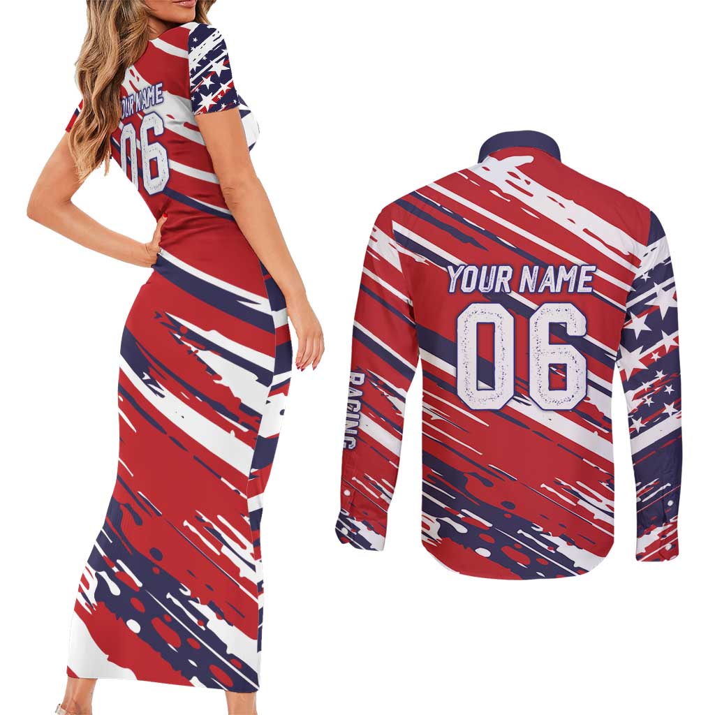 Personalized Patriotic Motocross Couples Matching Short Sleeve Bodycon Dress and Long Sleeve Button Shirt with USA Flag Colors – Dirt Bike Racing Design - Wonder Print Shop