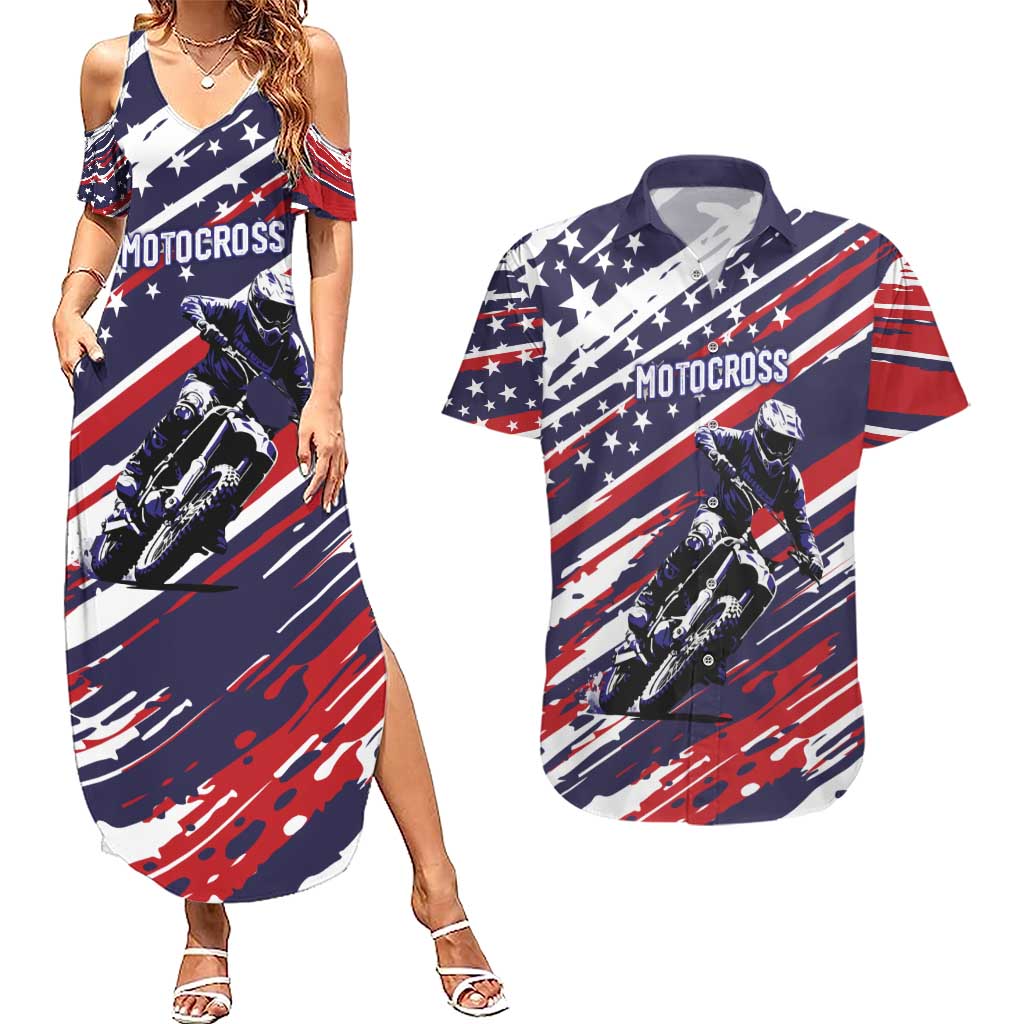 Personalized Patriotic Motocross Couples Matching Summer Maxi Dress and Hawaiian Shirt with USA Flag Colors – Dirt Bike Racing Design - Wonder Print Shop