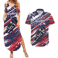 Personalized Patriotic Motocross Couples Matching Summer Maxi Dress and Hawaiian Shirt with USA Flag Colors – Dirt Bike Racing Design - Wonder Print Shop