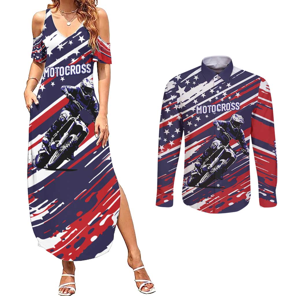 Personalized Patriotic Motocross Couples Matching Summer Maxi Dress and Long Sleeve Button Shirt with USA Flag Colors – Dirt Bike Racing Design - Wonder Print Shop