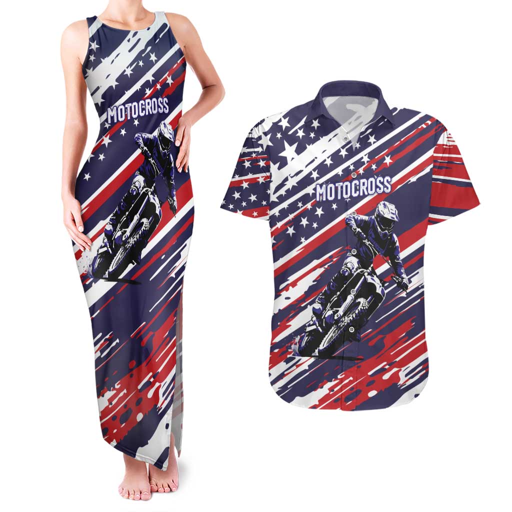 Personalized Patriotic Motocross Couples Matching Tank Maxi Dress and Hawaiian Shirt with USA Flag Colors – Dirt Bike Racing Design - Wonder Print Shop