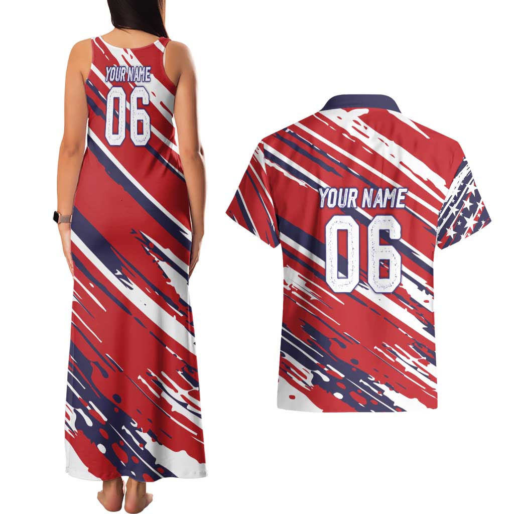 Personalized Patriotic Motocross Couples Matching Tank Maxi Dress and Hawaiian Shirt with USA Flag Colors – Dirt Bike Racing Design - Wonder Print Shop