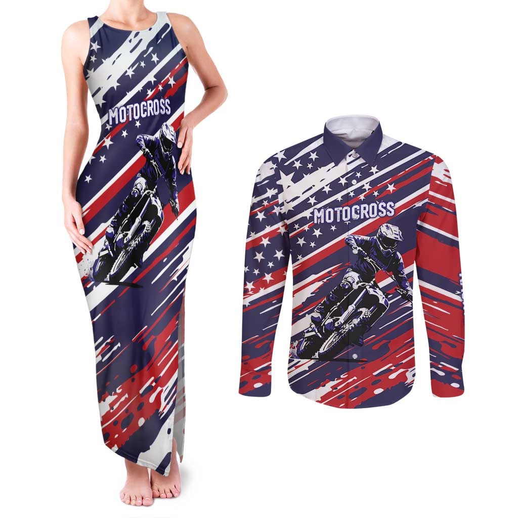 Personalized Patriotic Motocross Couples Matching Tank Maxi Dress and Long Sleeve Button Shirt with USA Flag Colors – Dirt Bike Racing Design - Wonder Print Shop