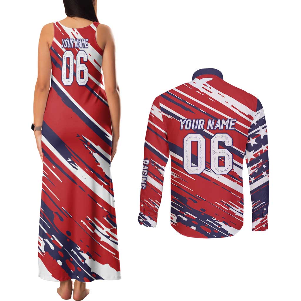 Personalized Patriotic Motocross Couples Matching Tank Maxi Dress and Long Sleeve Button Shirt with USA Flag Colors – Dirt Bike Racing Design - Wonder Print Shop